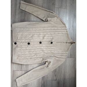 Women Cable Knit Cardigan Sweater Beige Button Front V-Neck Long Sleeve Cozy